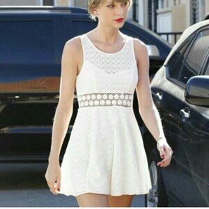 Free People Lace Eyelet Off White Ivory Daisy Waist Mini Dress Size 4